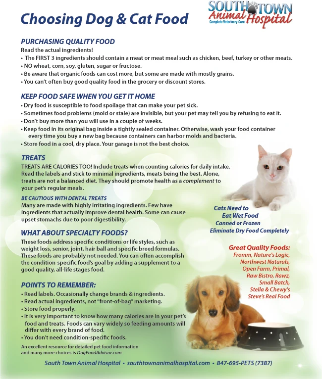 South Town Animal Hospital nutritional information sheet for dogs and cats