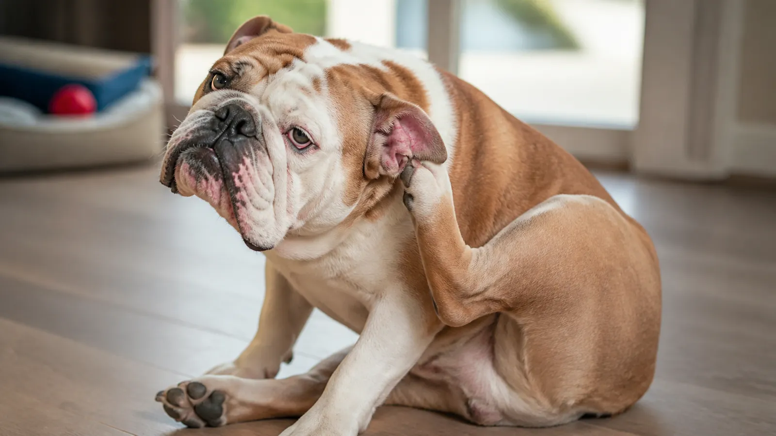 Bulldog sitting indoors, gently scratching at its ear, showing subtle signs of an ear infection.