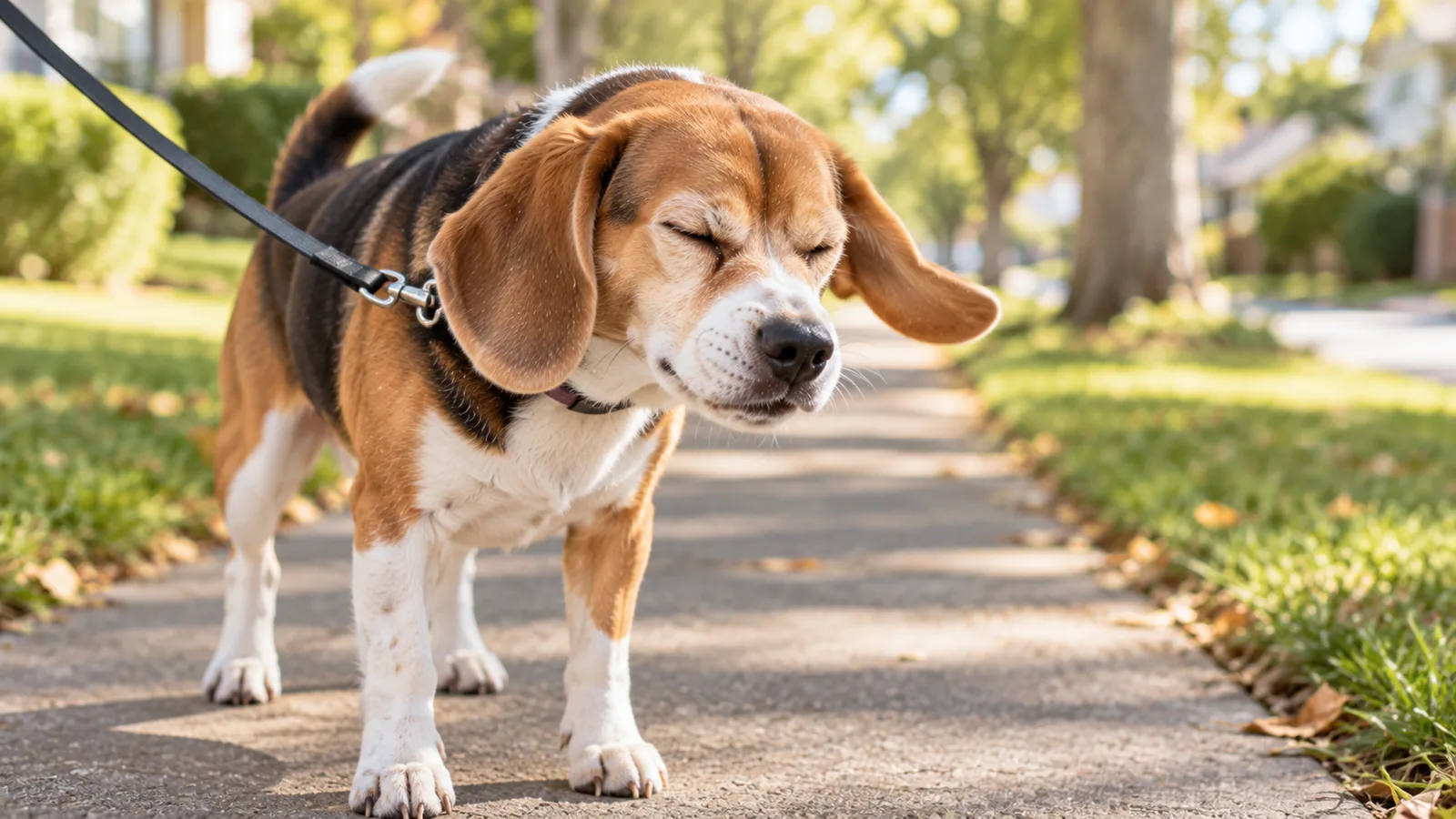 A beagle on a leash stands on a sidewalk with its eyes shut and head tucked, mid-sneeze.