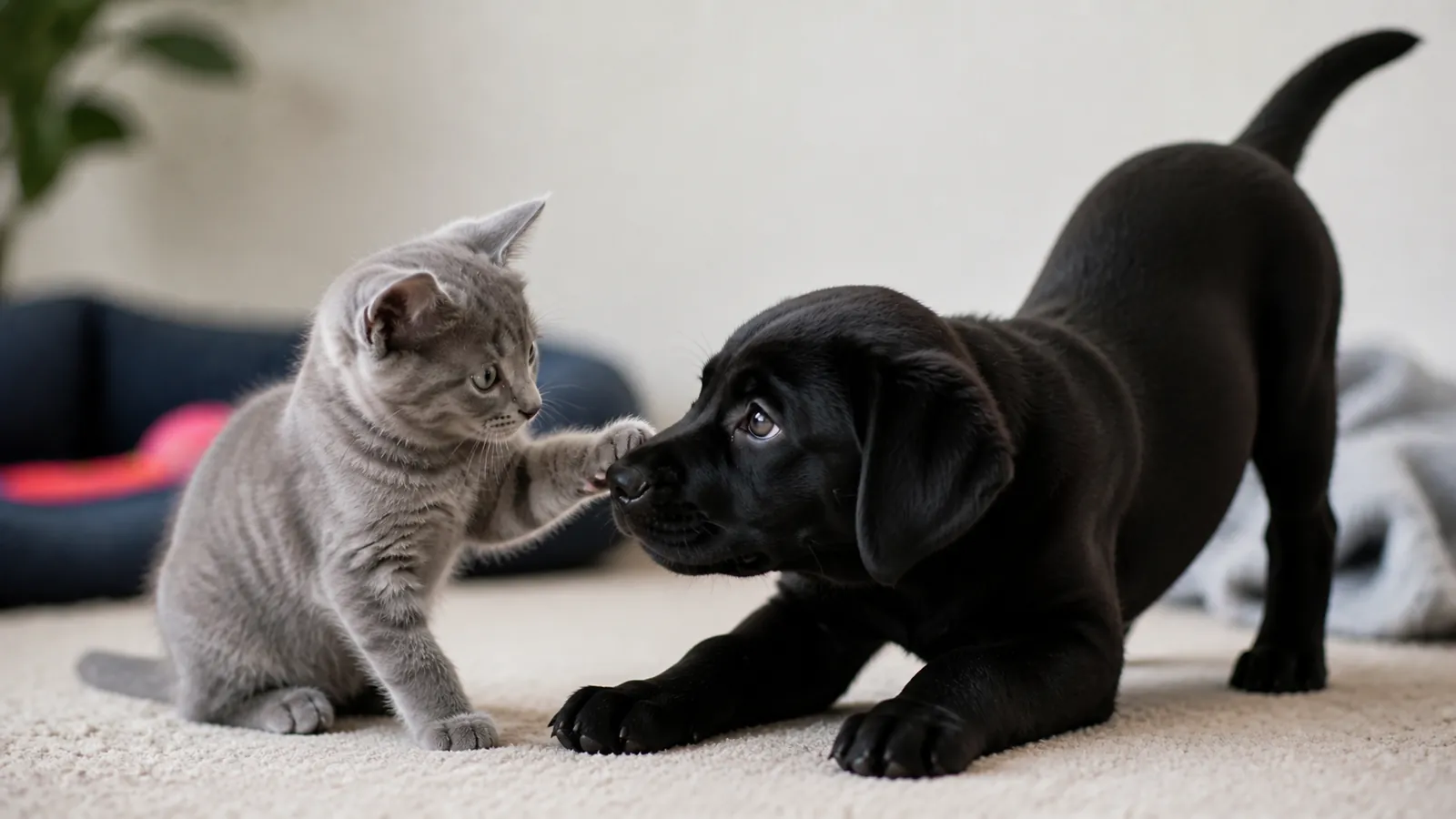 Grey kitten and a black puppy sitting together indoors in a clean, bright setting, looking healthy and content.