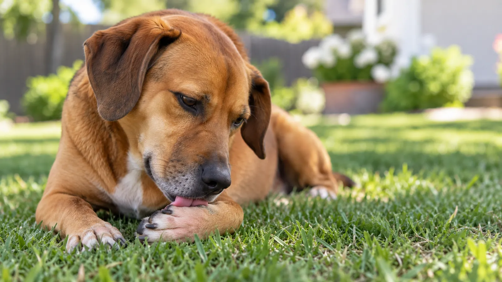 A medium sized brown dog lays out in the grass licking its front feet due to itching from allergies.
