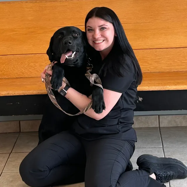 Ashley of South Town Animal Hospital, sitting with a black Labrador