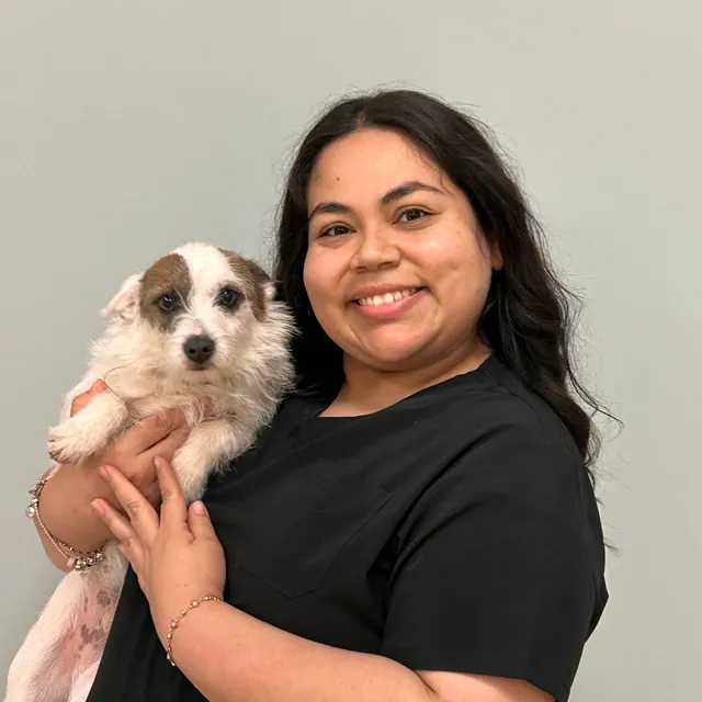 Janelly of South Town Animal Hospital, holding her dog